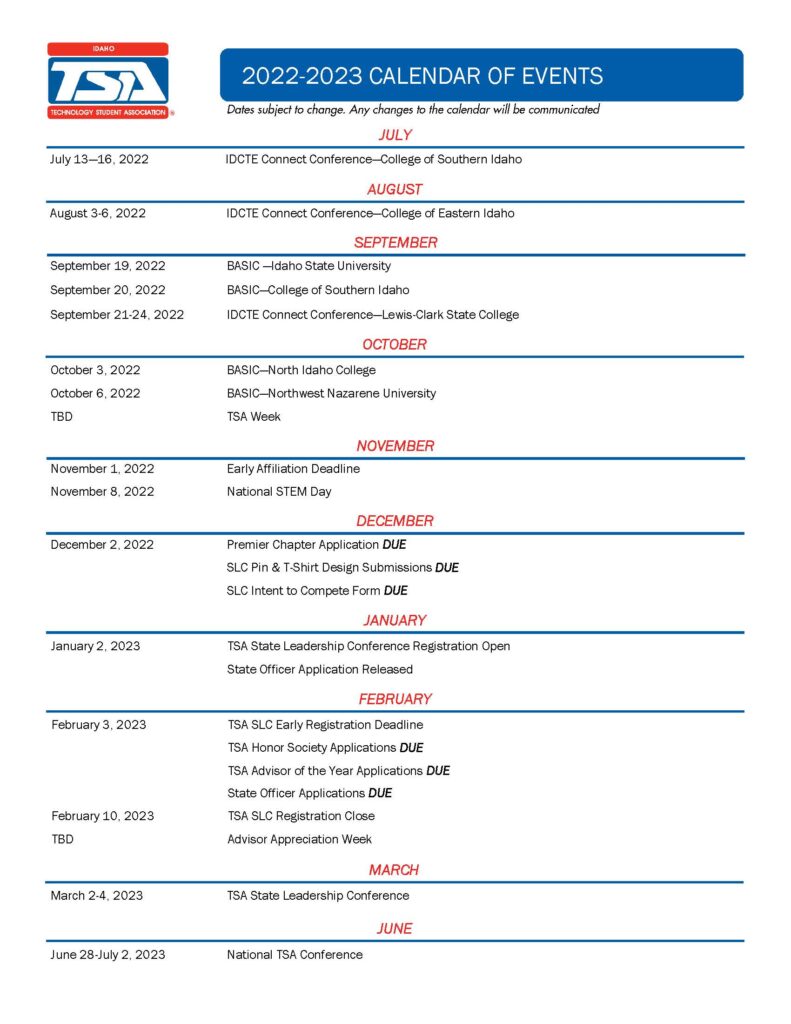 2022-2023 Idaho TSA Calendar of Events