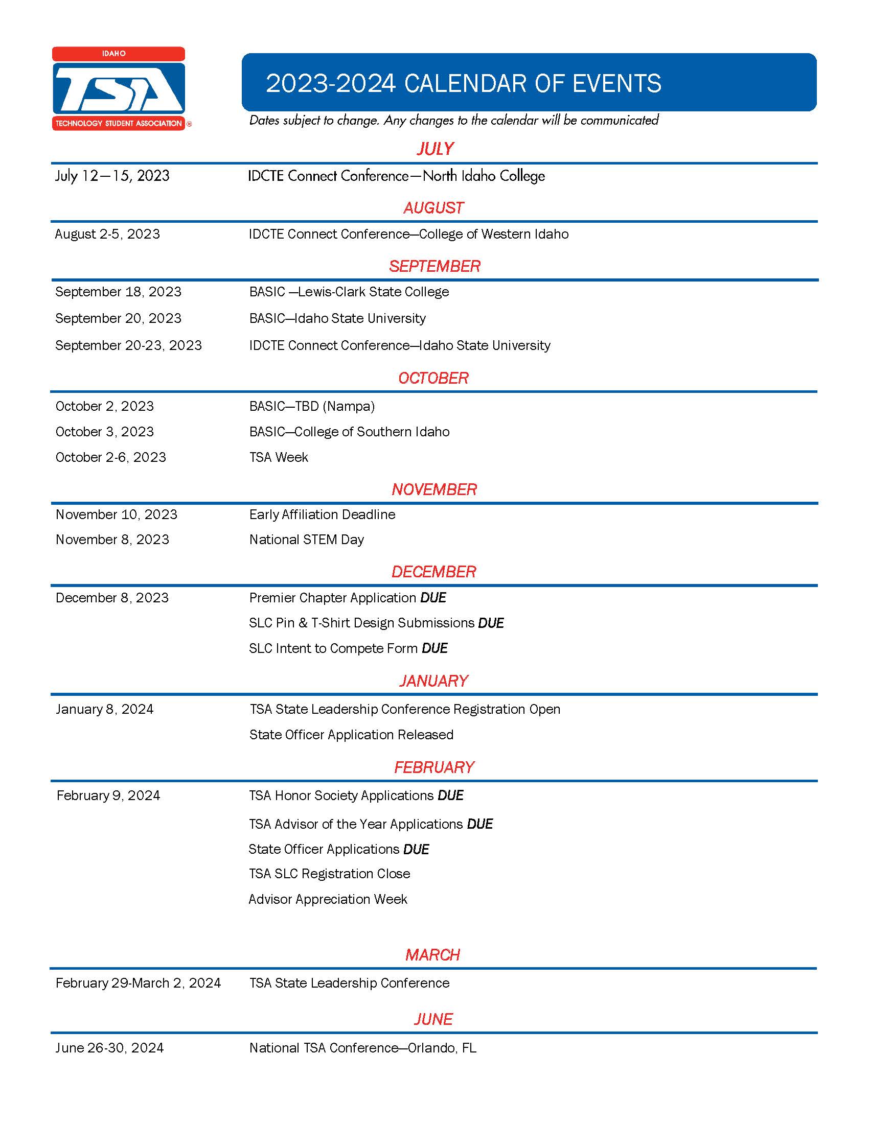 2023-2024 Idaho TSA Calendar of Events